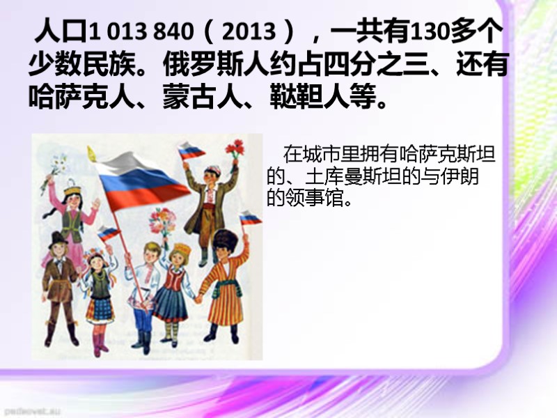 人口1 013 840（2013），一共有130多个少数民族。俄罗斯人约占四分之三、还有哈萨克人、蒙古人、鞑靼人等。    在城市里拥有哈萨克斯坦的、土库曼斯坦的与伊朗的领事馆。